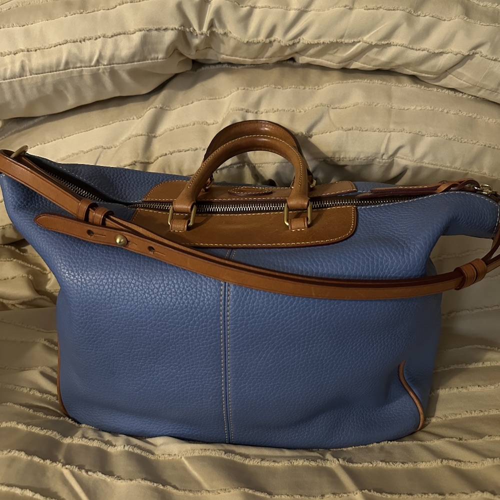 Dooney & Bourke Blue and Tan Satchel with Gold Hardware